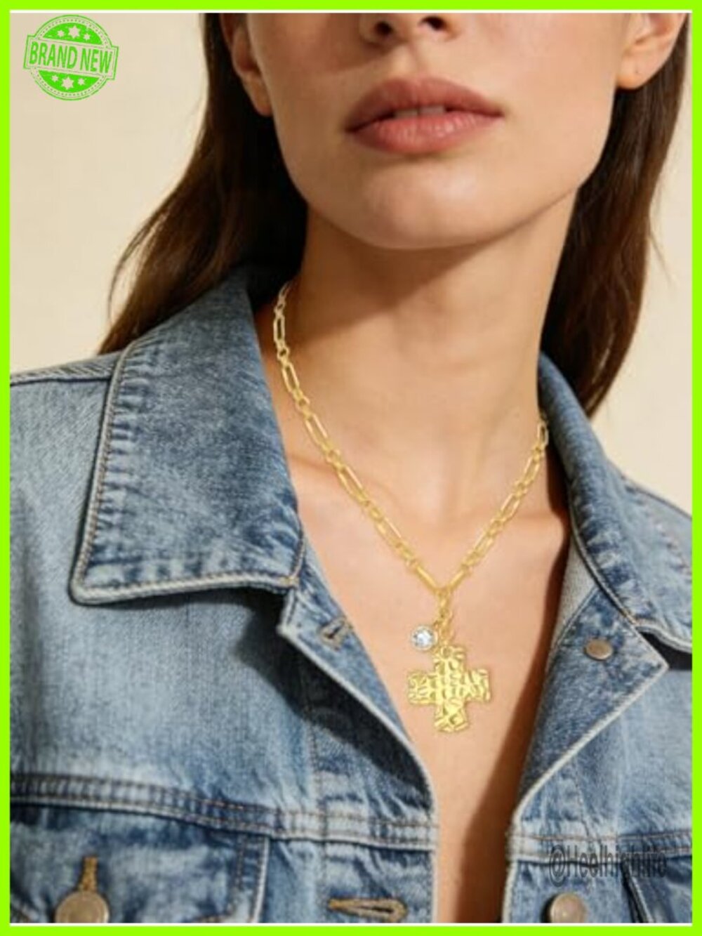 14K Gold Plated Hammered Cross Pendant Necklace - Diamond Birthstone Charm - Picture 2 of 6